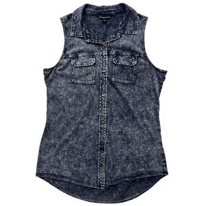 Rock & Republic Womens Small Faded Denim Wash Cotton Sleeveless Button Up Blouse